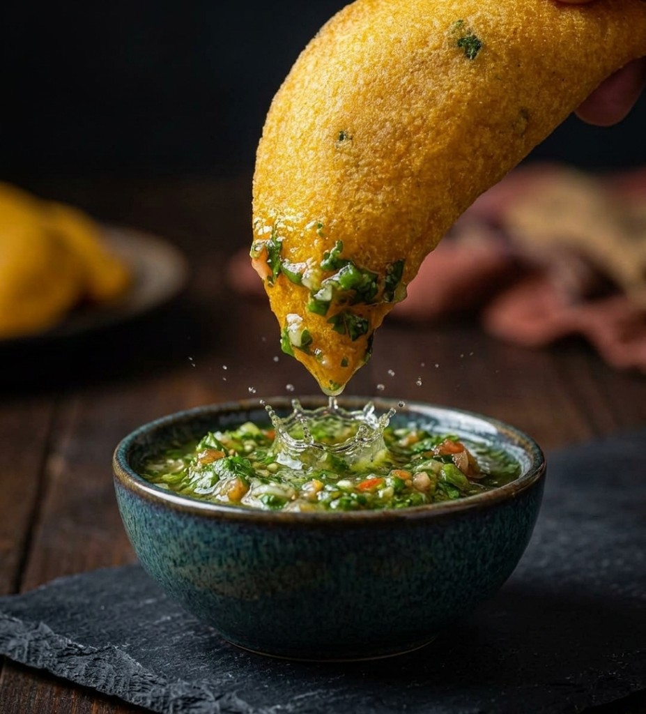 Empanada colombiana recién frita, mojada en ají de la casa